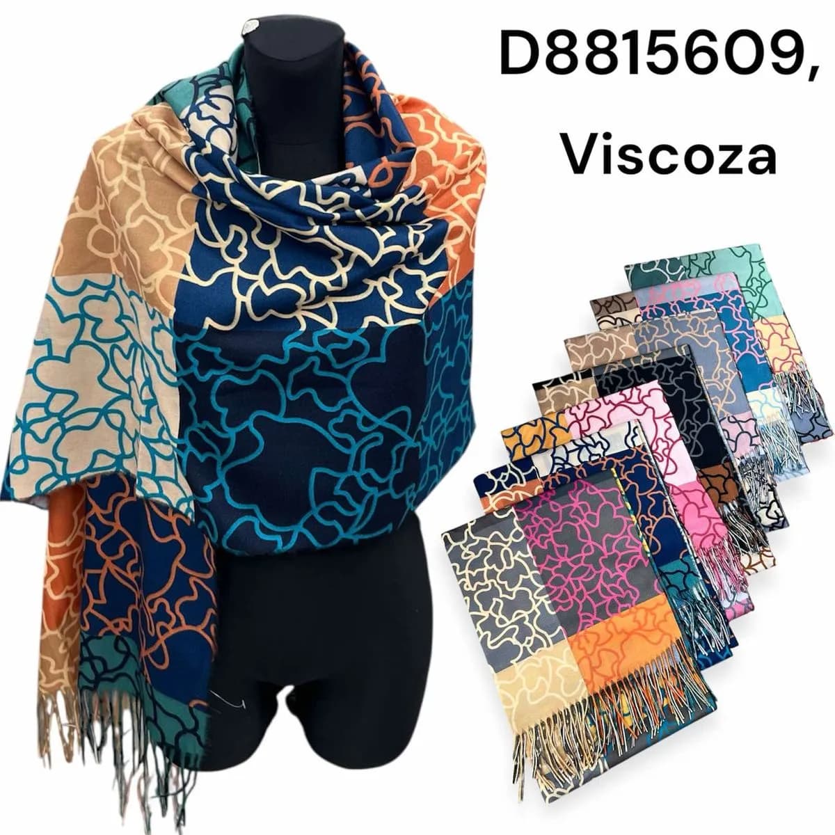 Apaszka damska wiskozowa, wzór patchwork z frędzlami, mix kolorów