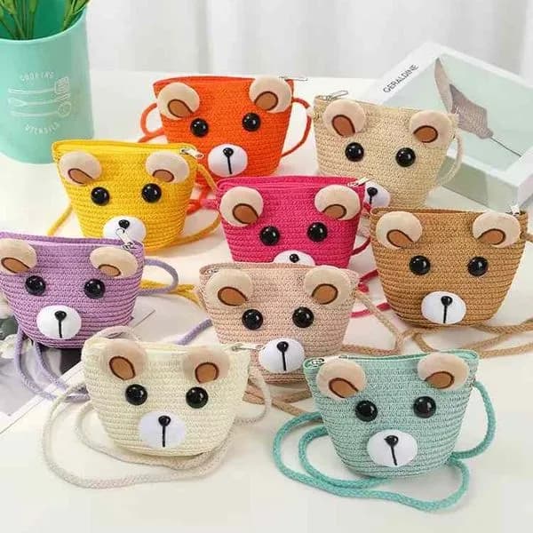 Pleciona Torebka dla Dzieci Miś Słomkowa na Ramię Mix Kolorów