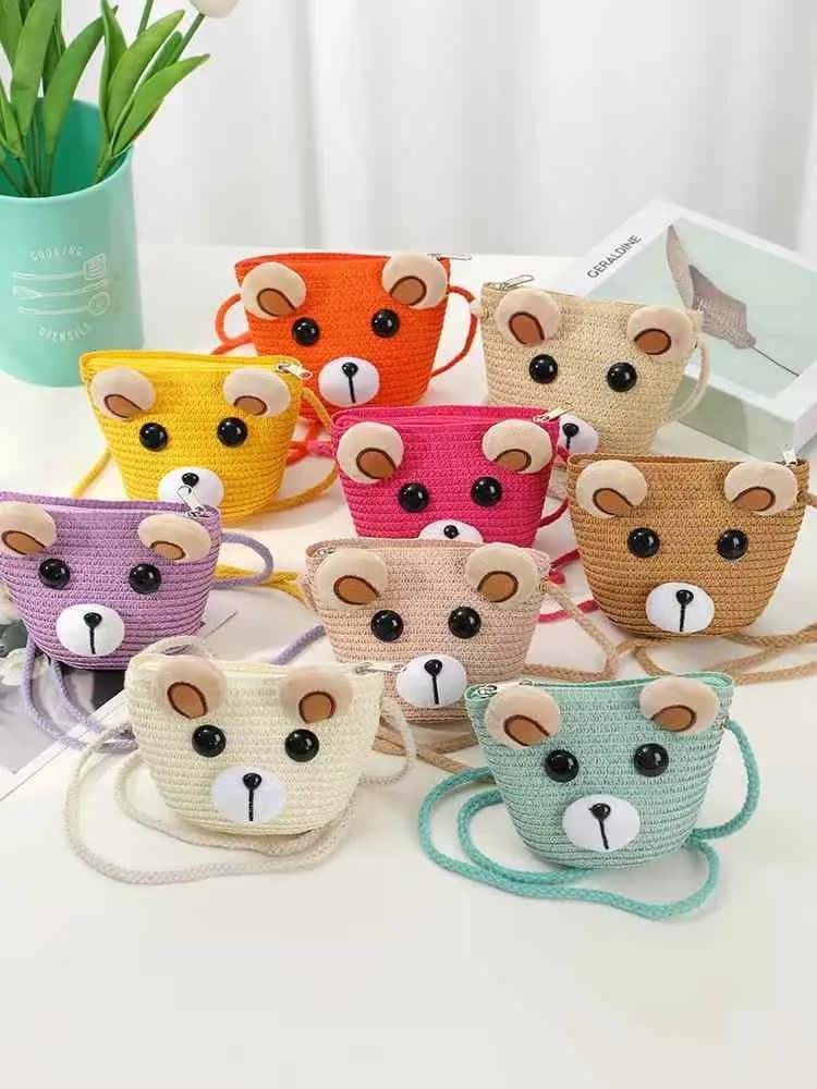 Pleciona Torebka dla Dzieci Miś Słomkowa na Ramię Mix Kolorów