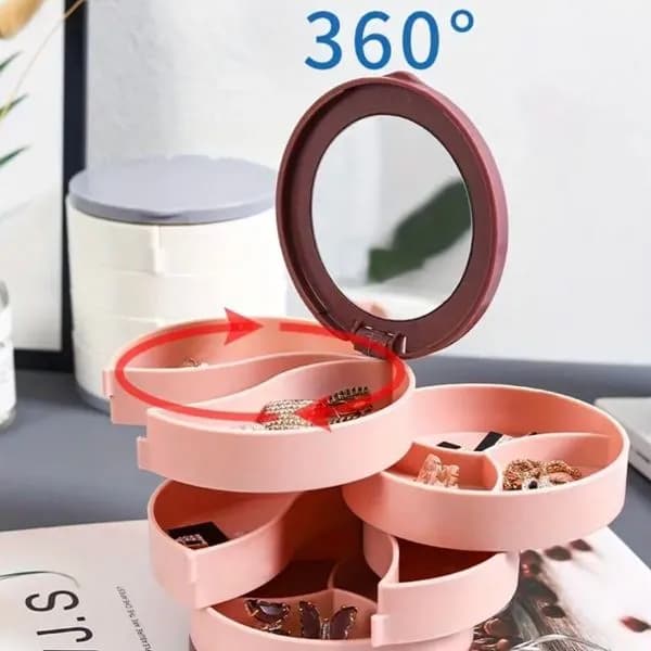Obrotowy organizer do biżuterii z lusterkiem 360°, 4 poziomy