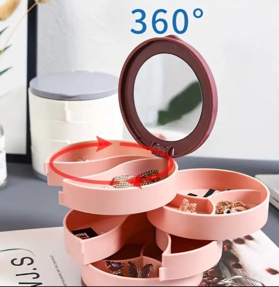 Obrotowy organizer do biżuterii z lusterkiem 360°, 4 poziomy