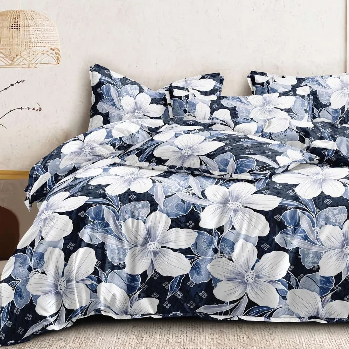 Pościel bawełna satyna 160x200cm 4cz granatowa w białe kwiaty