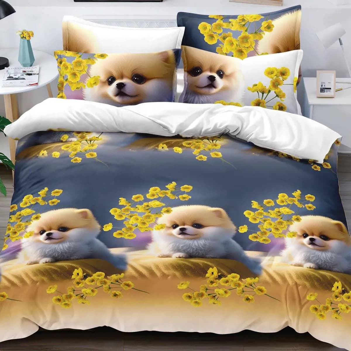 Pościel Bawełna Satyna 160x200cm 4cz Wzór Pieski Pomeranian