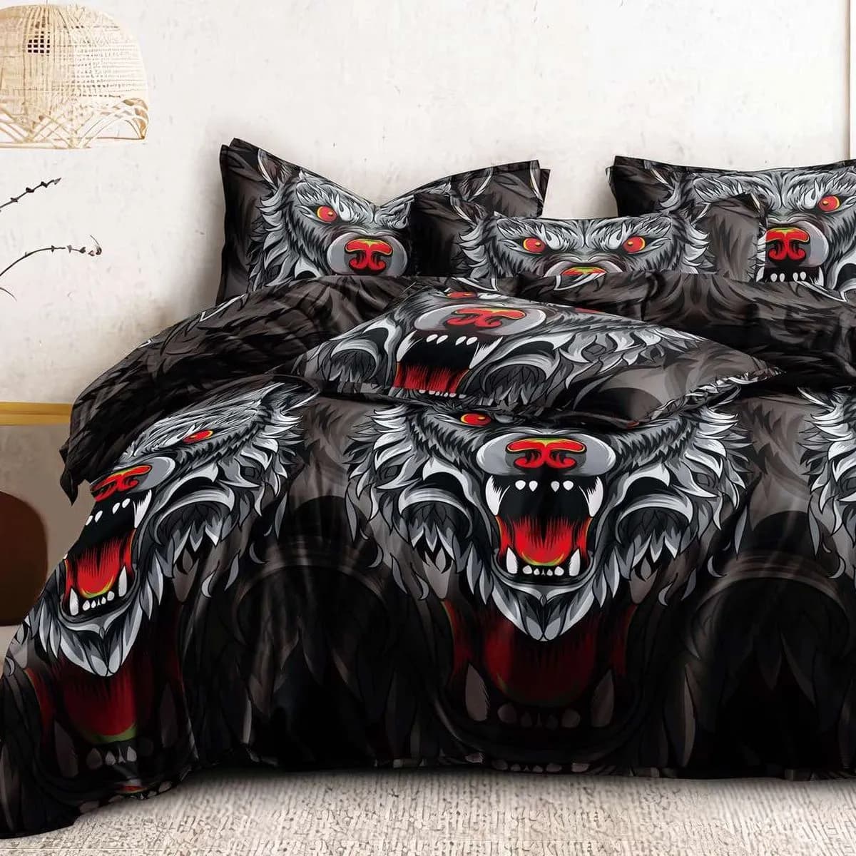 Pościel bawełna satyna 160x200cm 4cz wzór wilk czarna