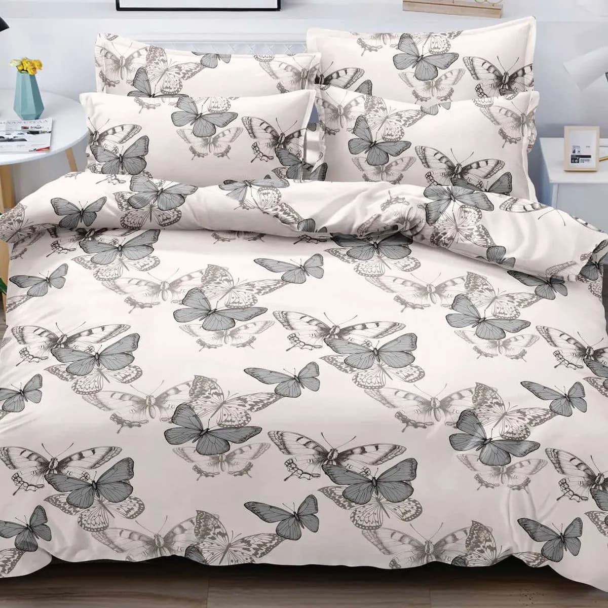POŚCIEL BAWEŁNA SATYNA 160X200cm 4CZ wzór w motyle szara