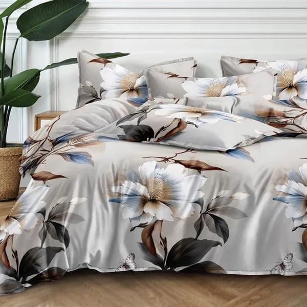 Pościel Bawełna Satyna 160x200cm 4cz - Szara w Kwiaty