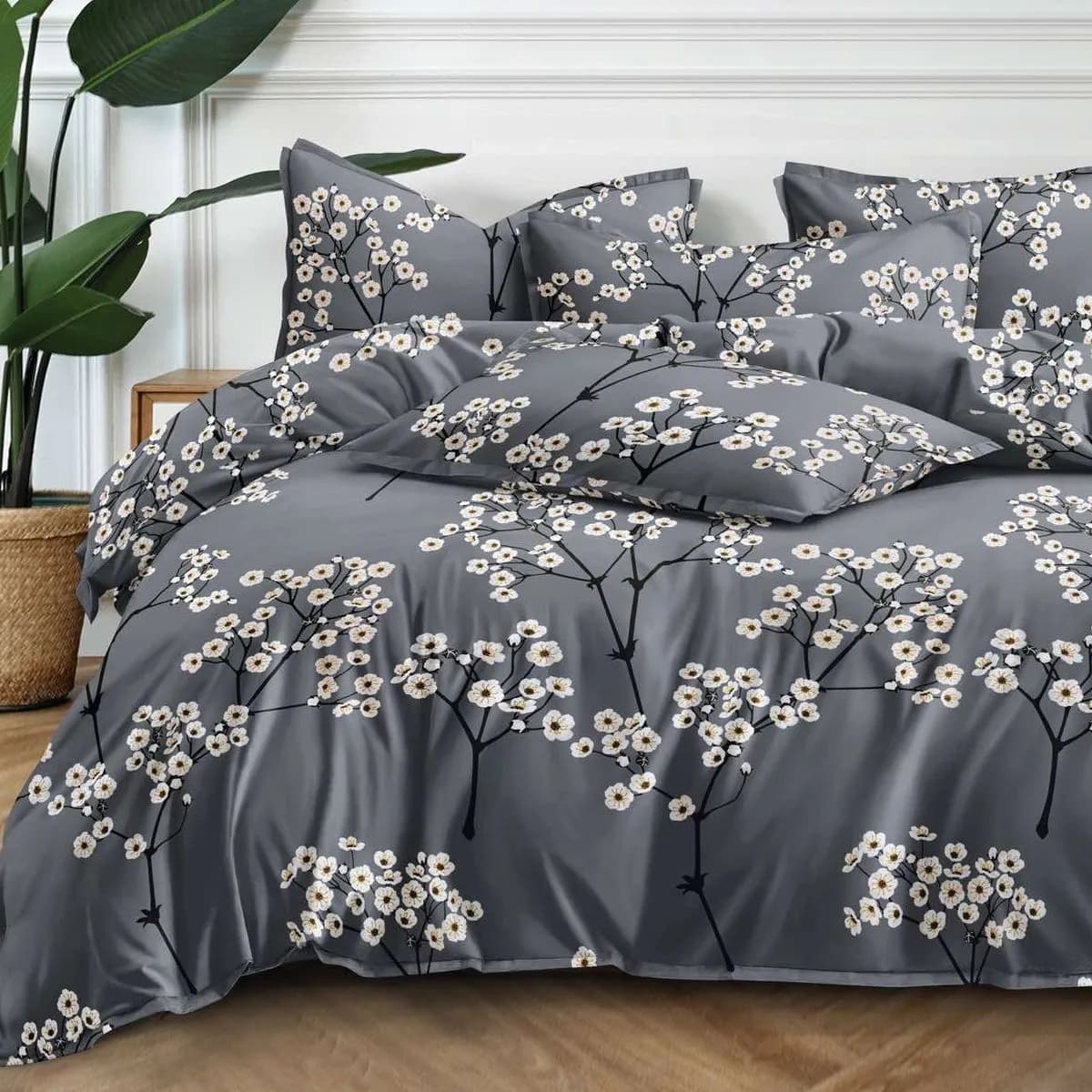 Pościel Bawełna Satyna 160x200cm 4cz Szara w Białe Kwiaty