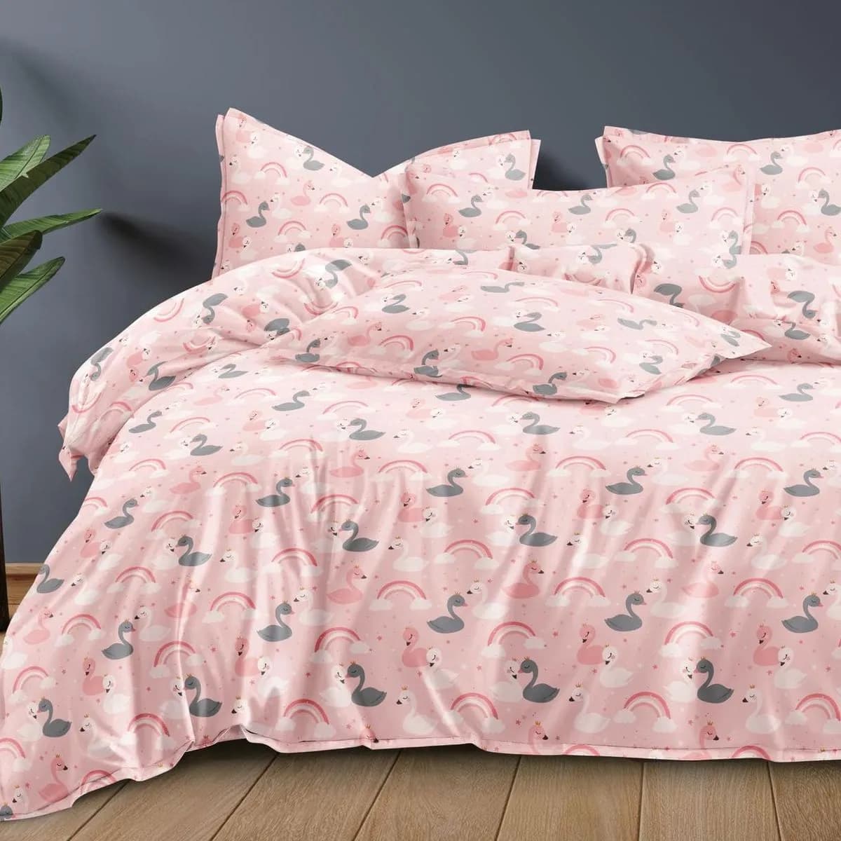 Pościel Bawełna Satyna 160x200cm 4cz Różowa w Łabędzie i Tęcze