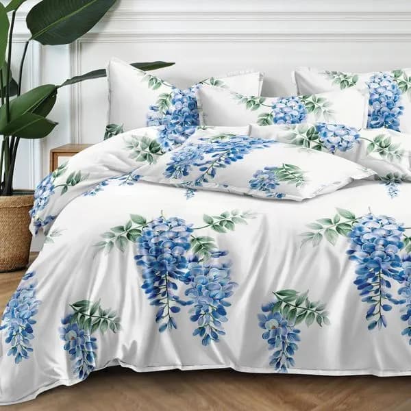 Pościel Bawełna Satyna 160x200cm 4cz Biała w Niebieskie Kwiaty