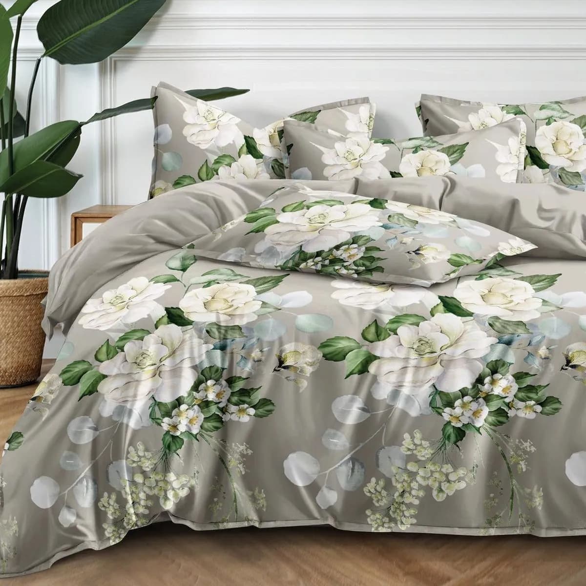 Pościel bawełna satyna 160x200cm 4cz szara w białe kwiaty