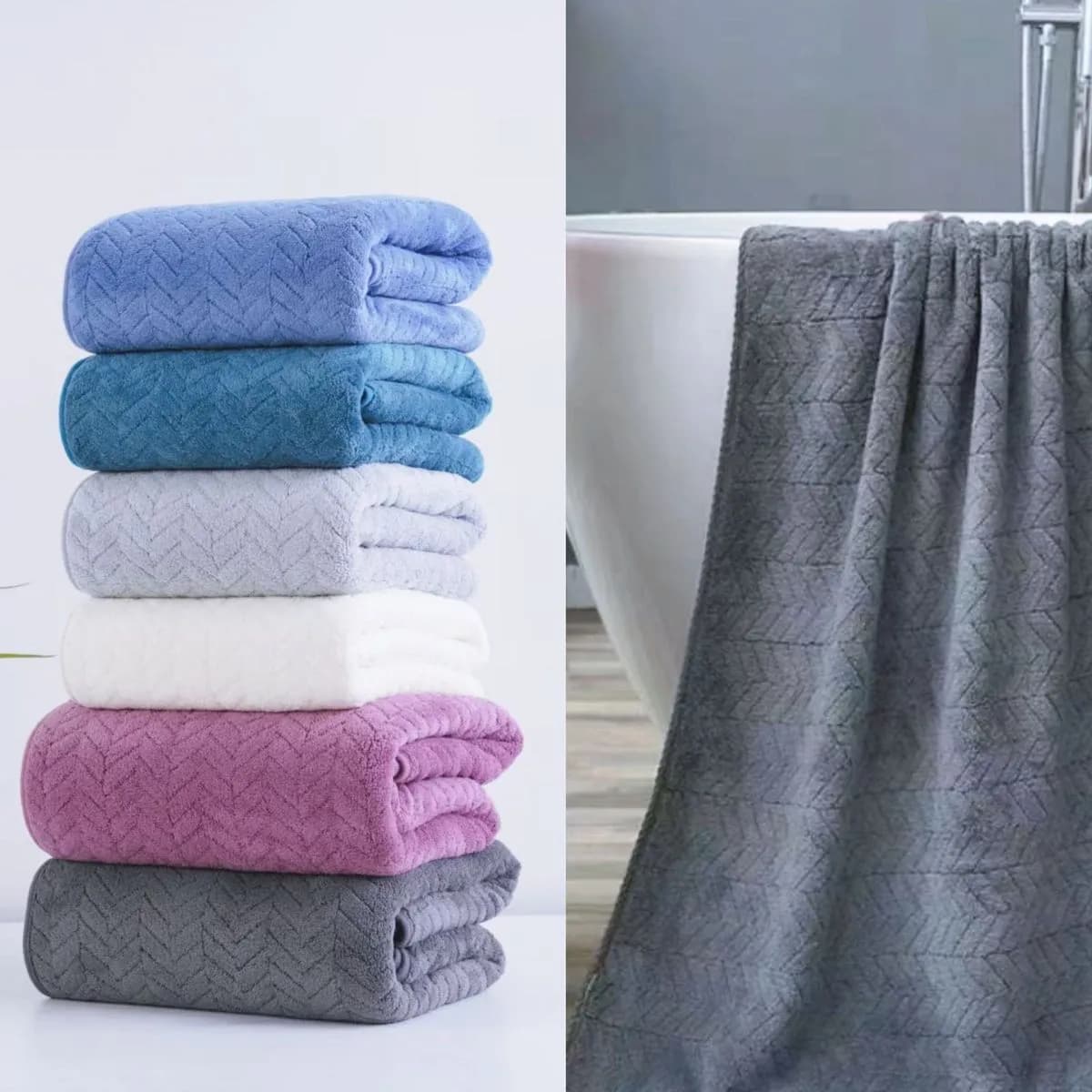 Ręczniki Mikrofibra 90/180cm Tłoczony Wzór Jodełka Mix Kolorów