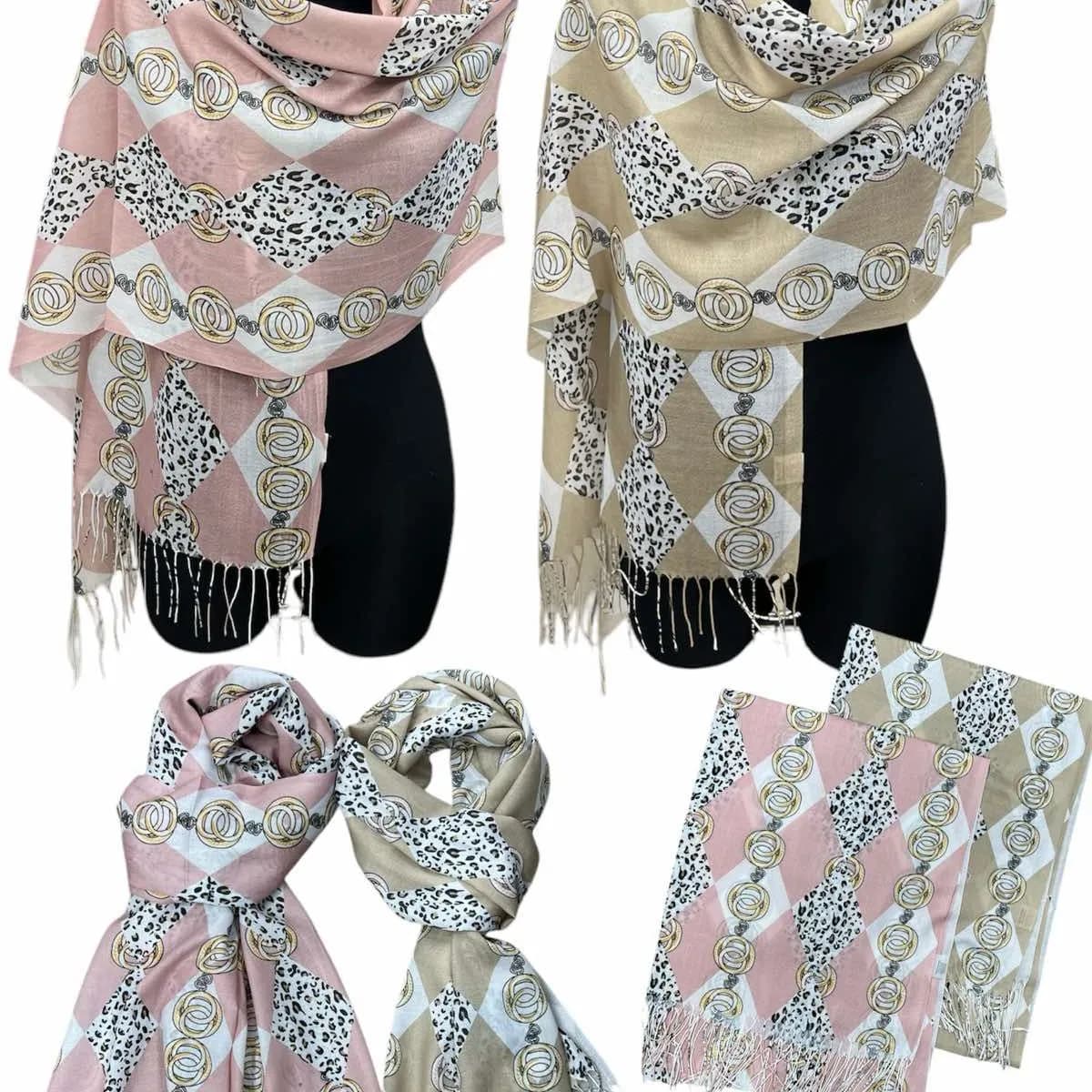 SZALIKI DAMSKIE wiskoza, wzór panterka i łańcuchy, mix kolorów