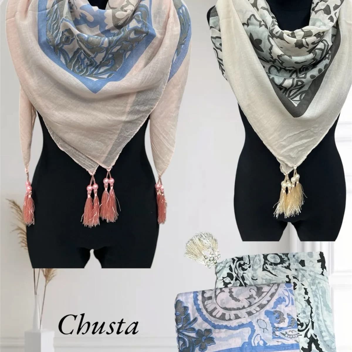 SZALIKI DAMSKIE - Chusty z frędzlami i koralikami, wzorzyste