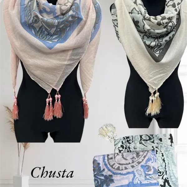 SZALIKI DAMSKIE - Chusty z frędzlami i koralikami, wzorzyste