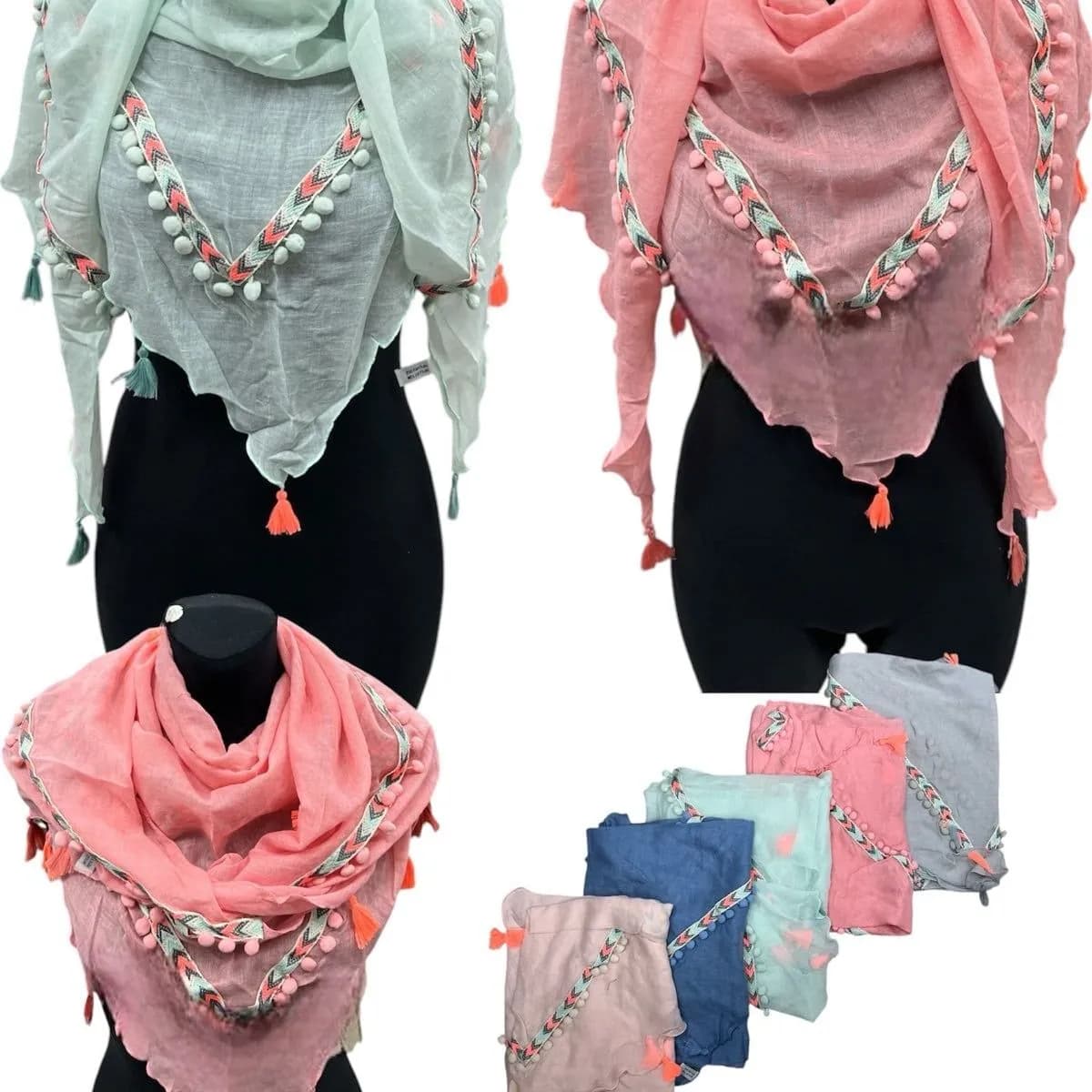 Szaliki damskie z pomponami i frędzlami, bawełna i wiskoza, mix