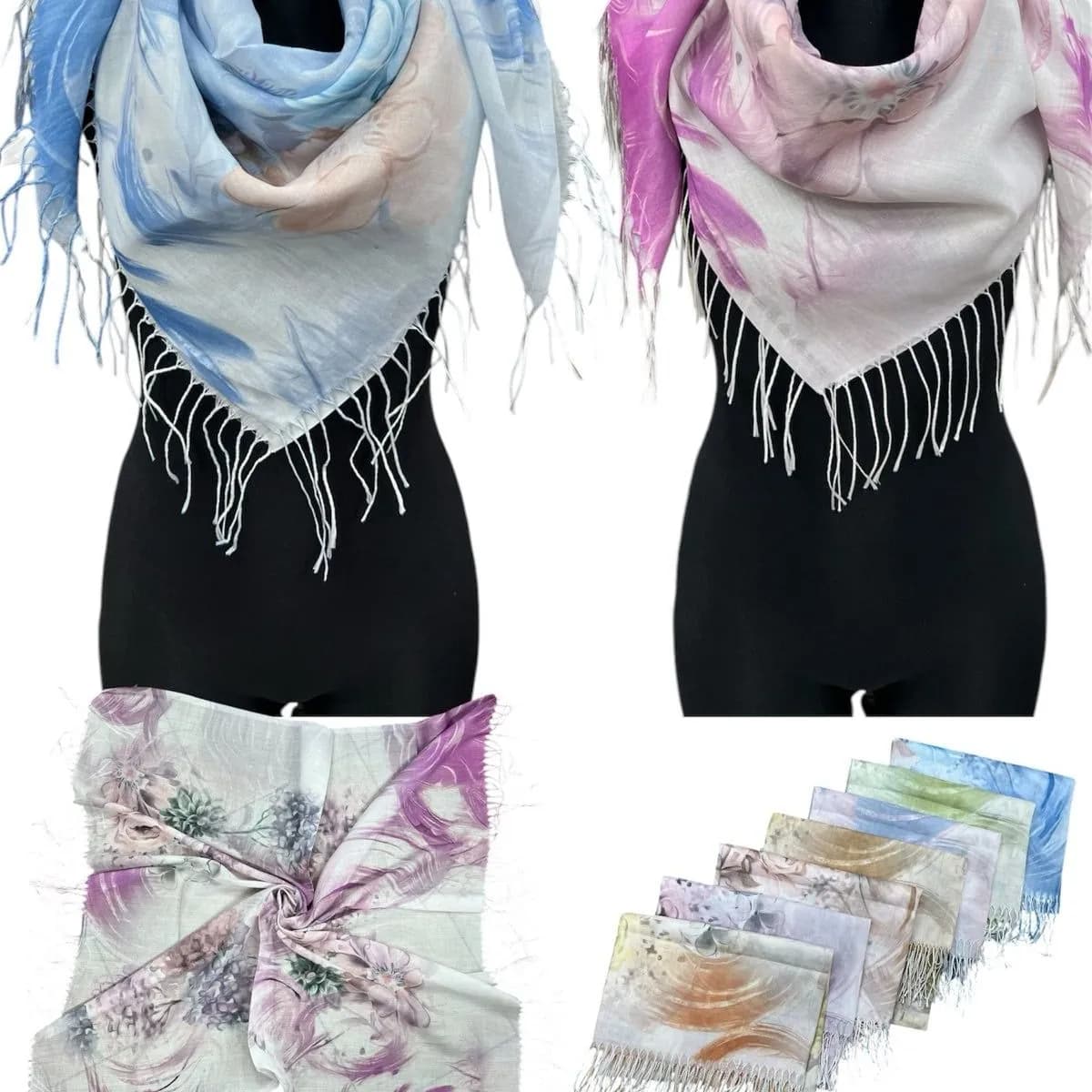 Szaliki damskie kwadratowe z frędzlami, bawełna i wiskoza, mix wzorów