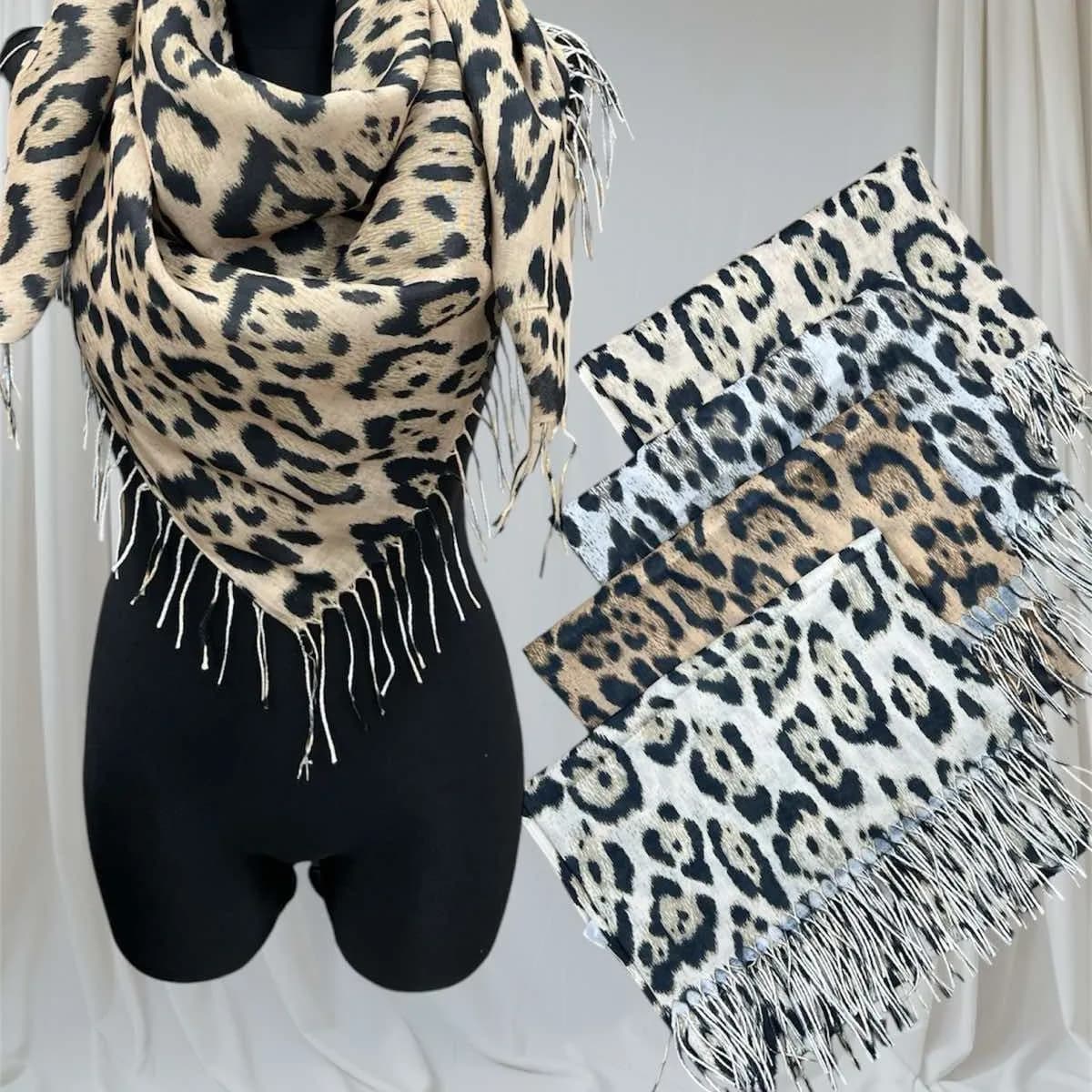 Szaliki damskie w panterkę z frędzlami, bawełna i wiskoza