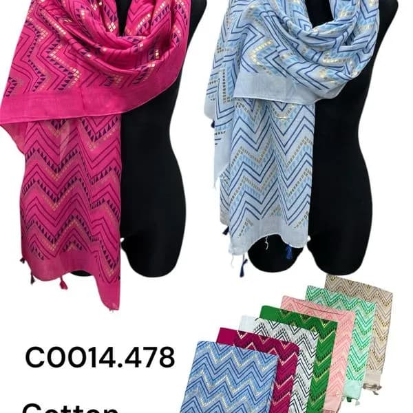 Szaliki damskie bawełna-wiskoza, wzór zygzak, złote zdobienia 12szt