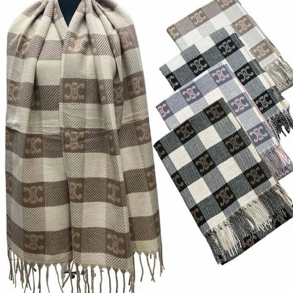 SZALIKI DAMSKIE w kratę z wełną i wiskozą, eleganckie z frędzlami