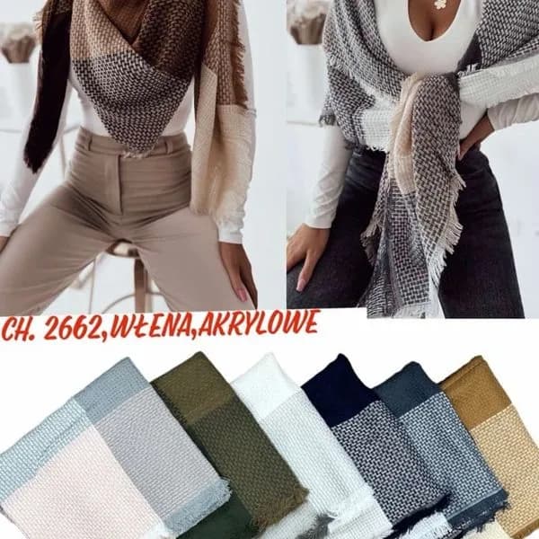 SZALIKI DAMSKIE w kratę z wełną i akrylem - mix kolorów 12 szt.