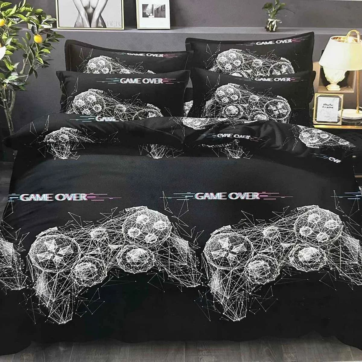 Pościel Bawełniana 3cz 160/200 Czarna Wzór Game Over Pady