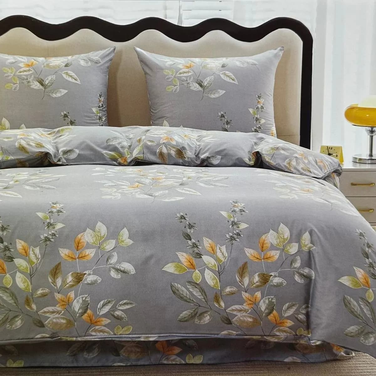 Pościel Bawełna 3cz 160/200 Szara w Roślinny Wzór Liście