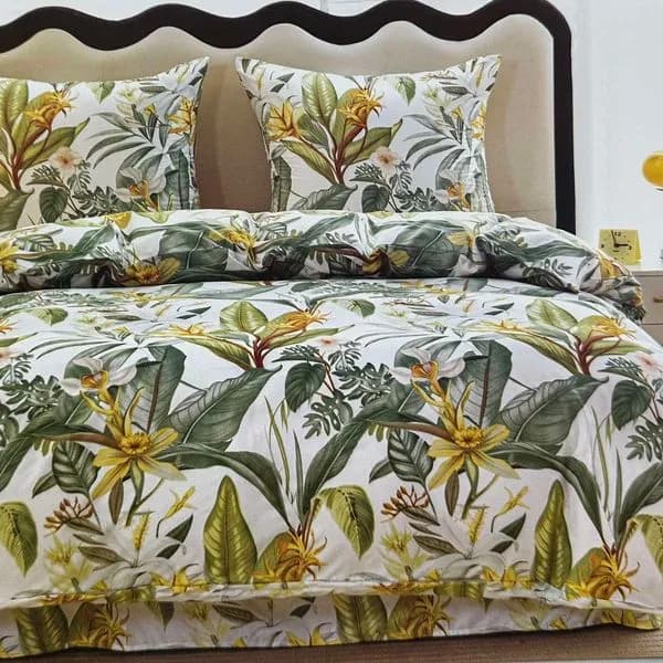 Pościel Bawełna 3cz 160/200 Wzór Tropikalny Liście i Kwiaty