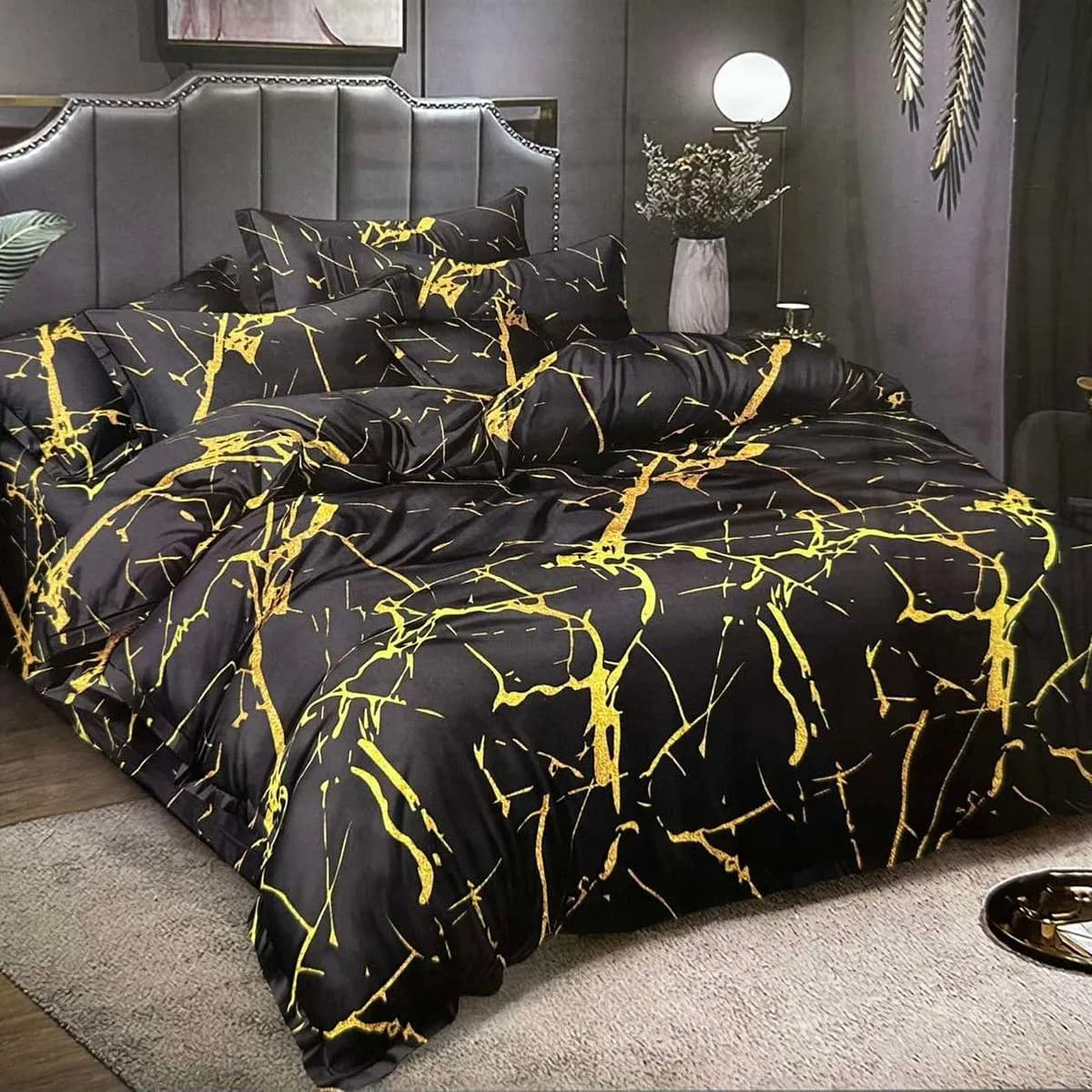 Pościel bawełniana 3cz 160/200 czarno-złoty wzór marmurkowy