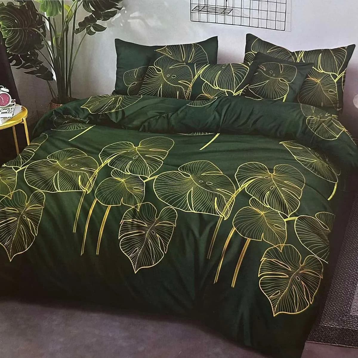 Pościel bawełniana 3cz 160/200 ciemnozielona liście monstery