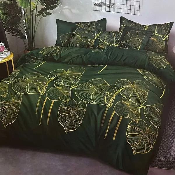 Pościel bawełniana 3cz 160/200 ciemnozielona w liście monstery