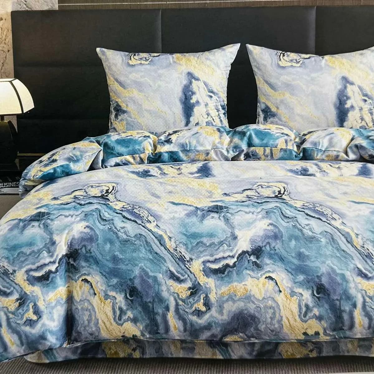Pościel bawełniana 3cz 160/200 wzór marmur niebiesko-złoty