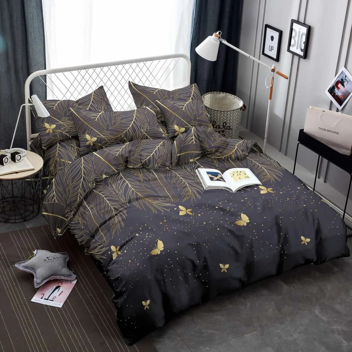 Pościel bawełniana 3cz 160/200 ciemnoszara w złote pióra i motyle