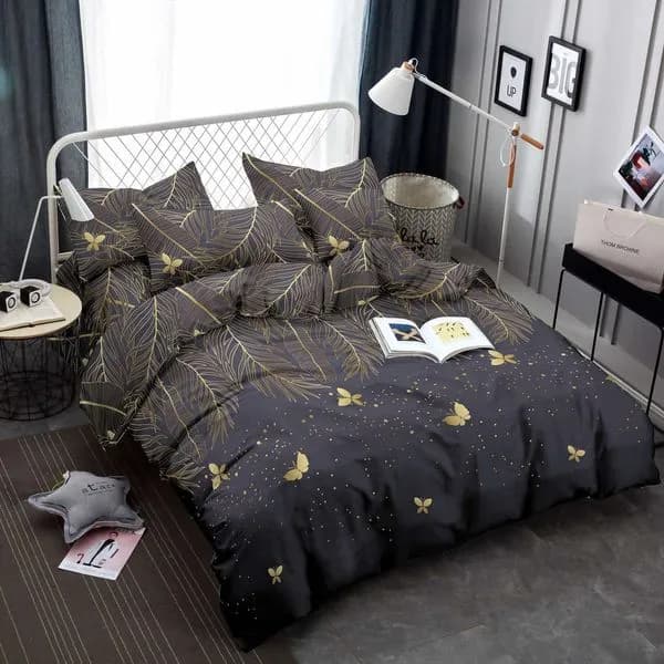 Pościel bawełniana 3cz 160/200 ciemnoszara w złote pióra i motyle