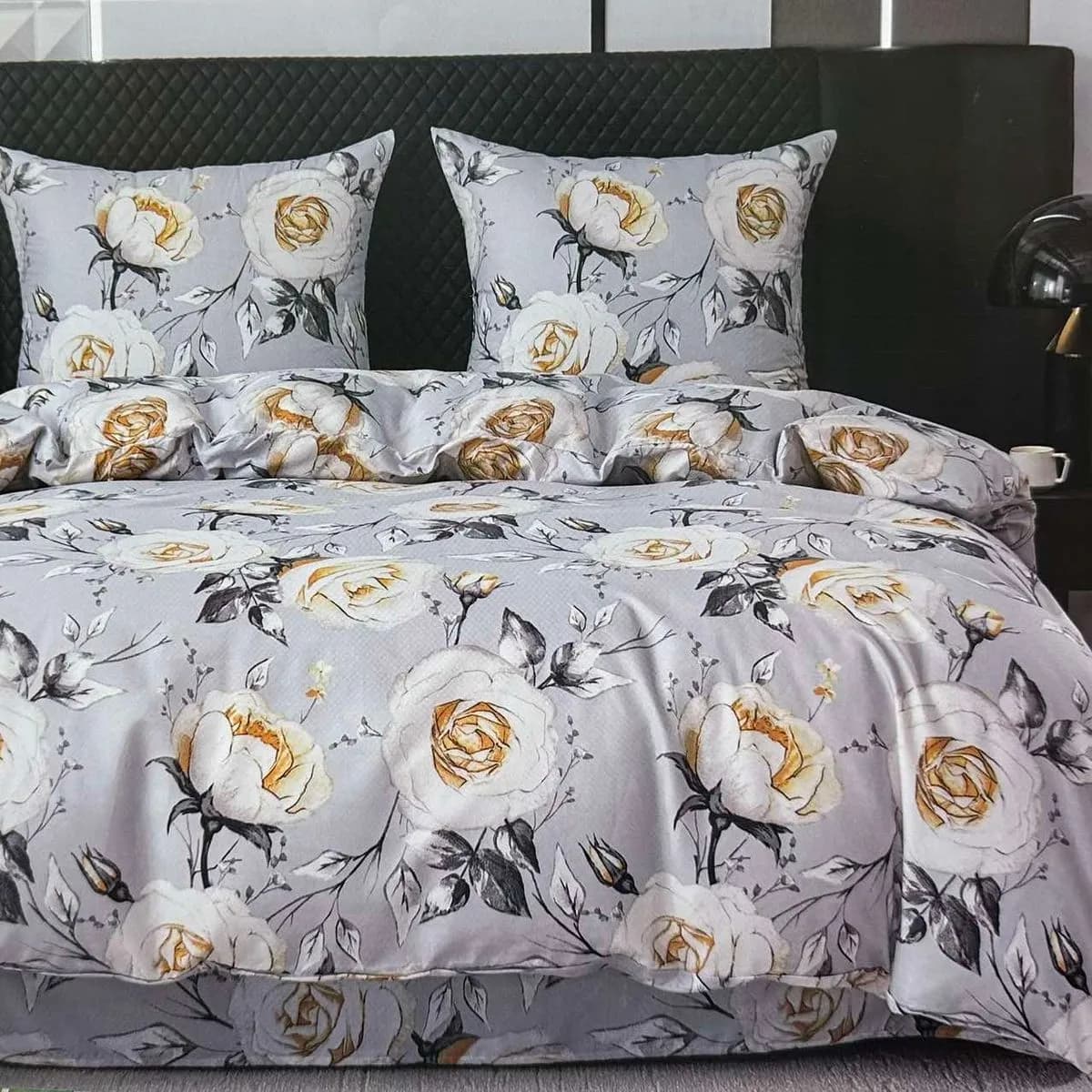 Pościel bawełniana 3cz 160/200 szara w duże białe róże