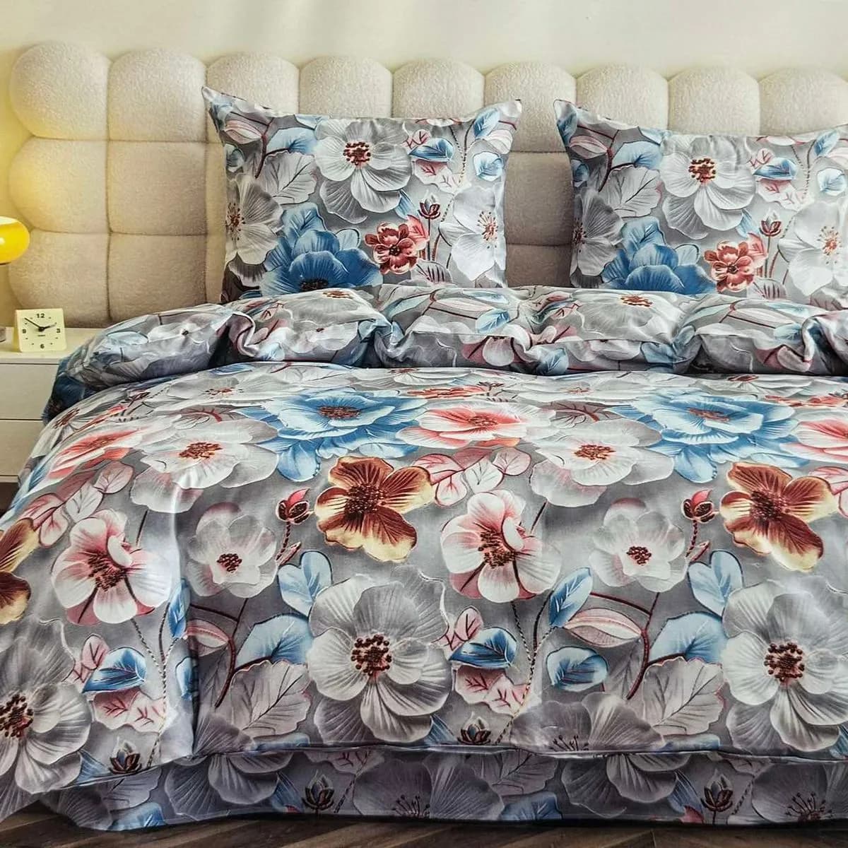 Pościel bawełniana 3cz 160/200 wzór w duże kwiaty szaro-niebieska