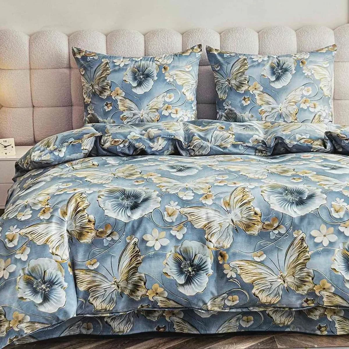 Pościel Bawełniana 3cz 160/200 - Motyle i Kwiaty Niebieskie