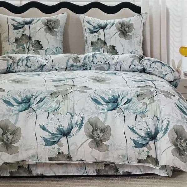 Pościel bawełniana 3cz 160x200 cm wzór kwiaty turkusowo-szare