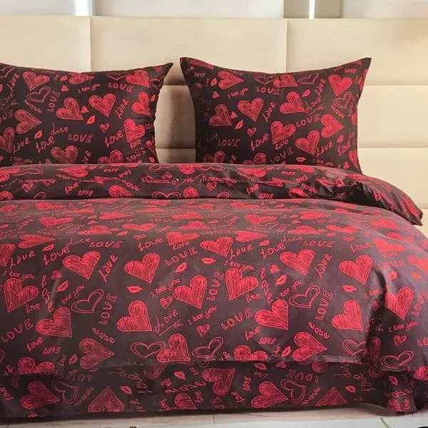 Pościel bawełniana 3cz 160x200 czarna w czerwone serca LOVE