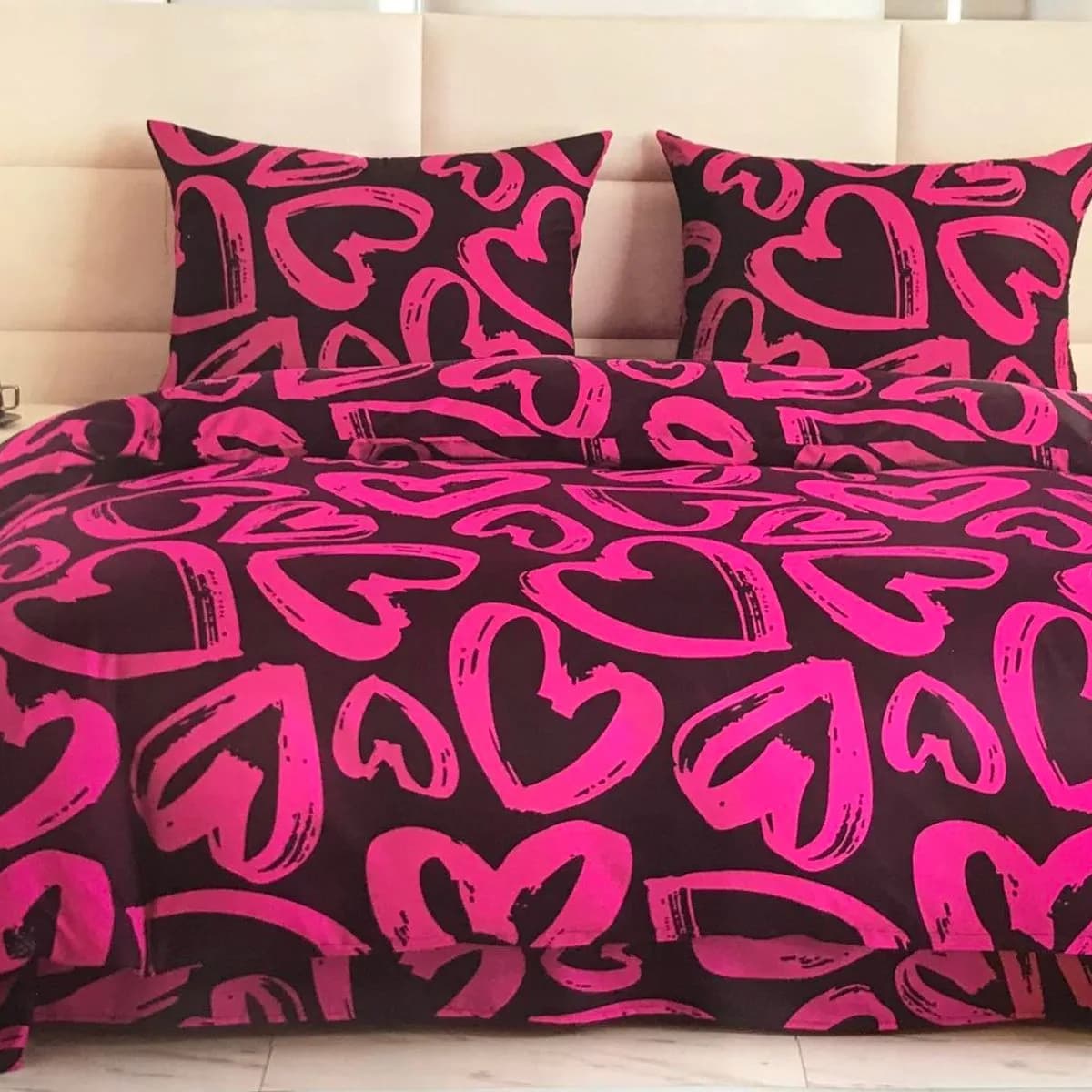 Pościel Bawełniana 3cz 160/200 Wzór Różowe Serca