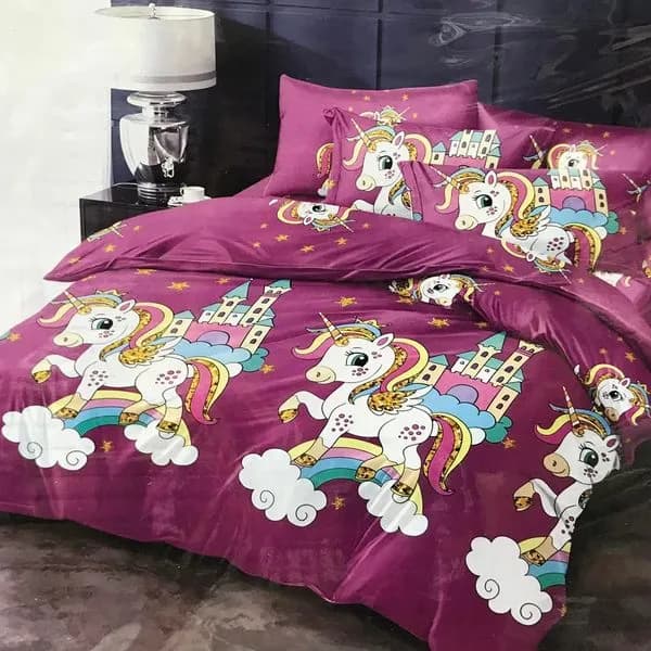 Pościel Bawełniana 3CZ 160/200 Fioletowa Wzór Jednorożec