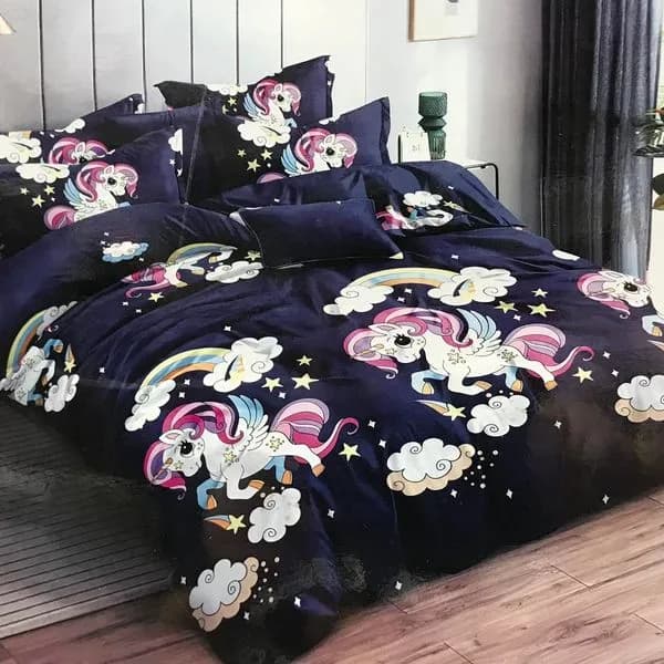 Pościel bawełniana 3cz 160/200 granatowa wzór Jednorożec