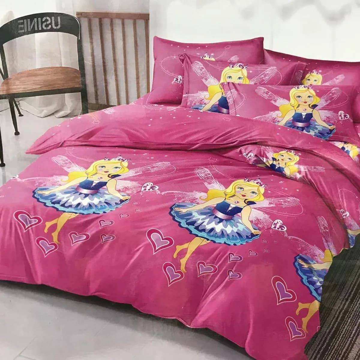 Pościel bawełniana 3cz 160/200 różowa wzór wróżka