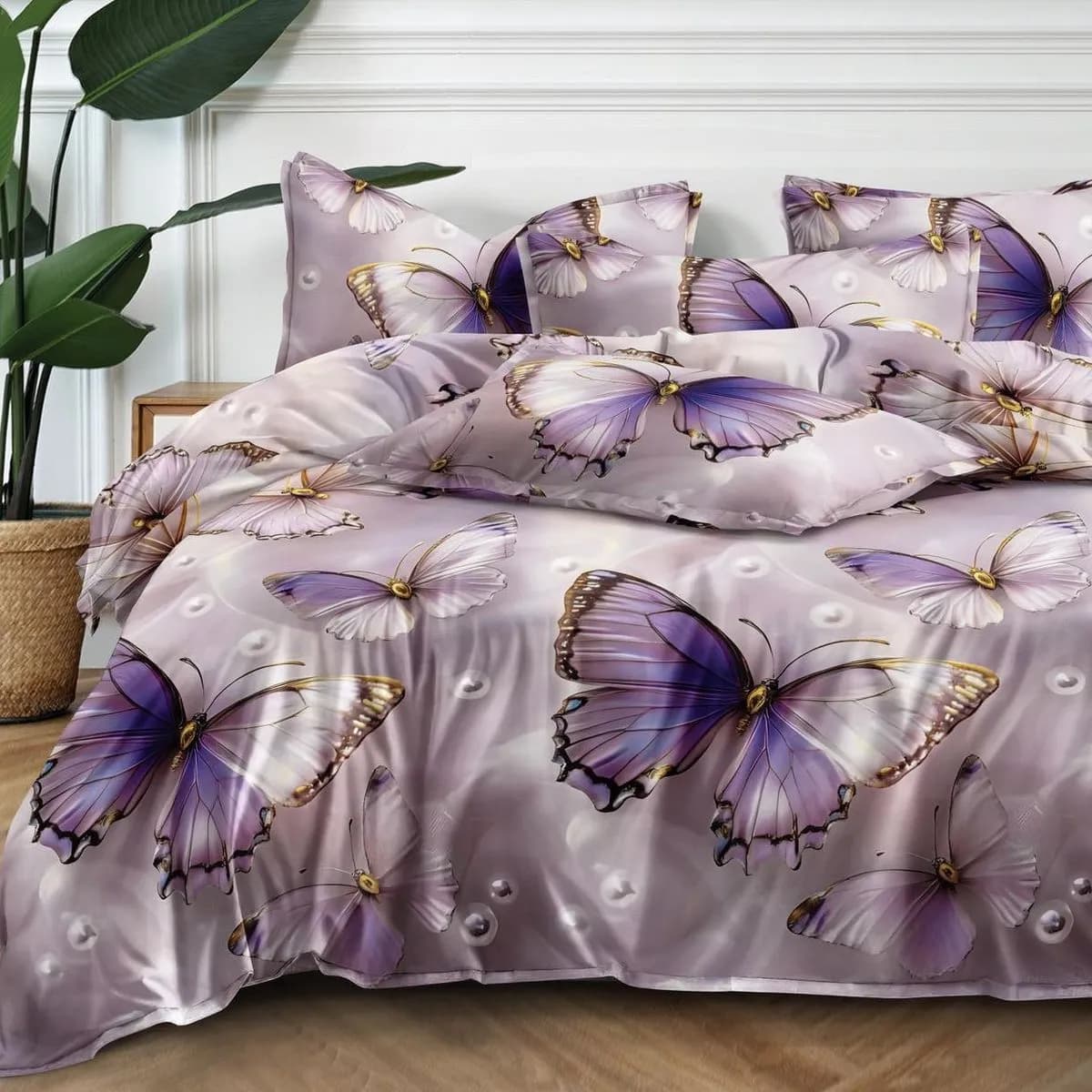 Pościel bawełniana 3-częściowa 160x200 cm, fioletowe motyle