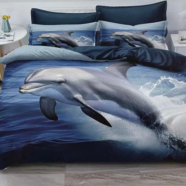 Pościel bawełniana 3cz 160/200 wzór Delfin 3D niebieska