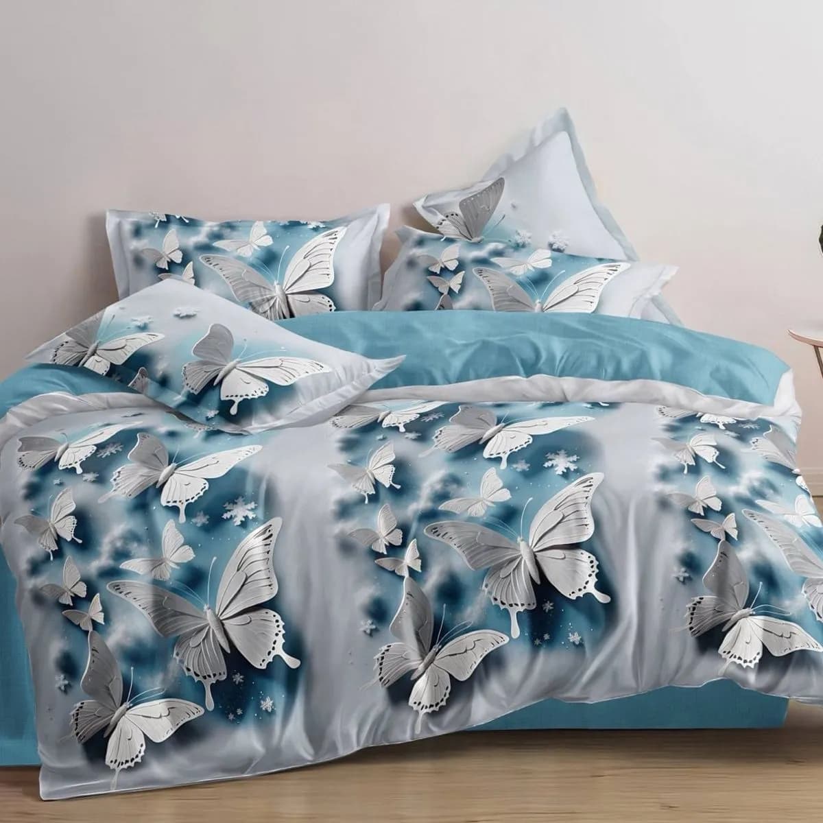 Pościel bawełniana 3cz 160/200 cm, wzór białe motyle niebieska A26