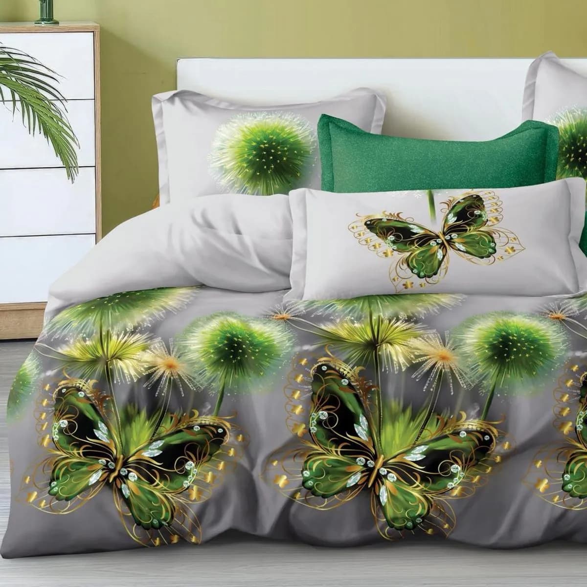 Pościel bawełniana 3cz 160/200 szara w zielone motyle i dmuchawce