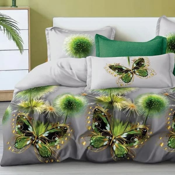 Pościel bawełniana 3cz 160/200 szara w zielone motyle i dmuchawce