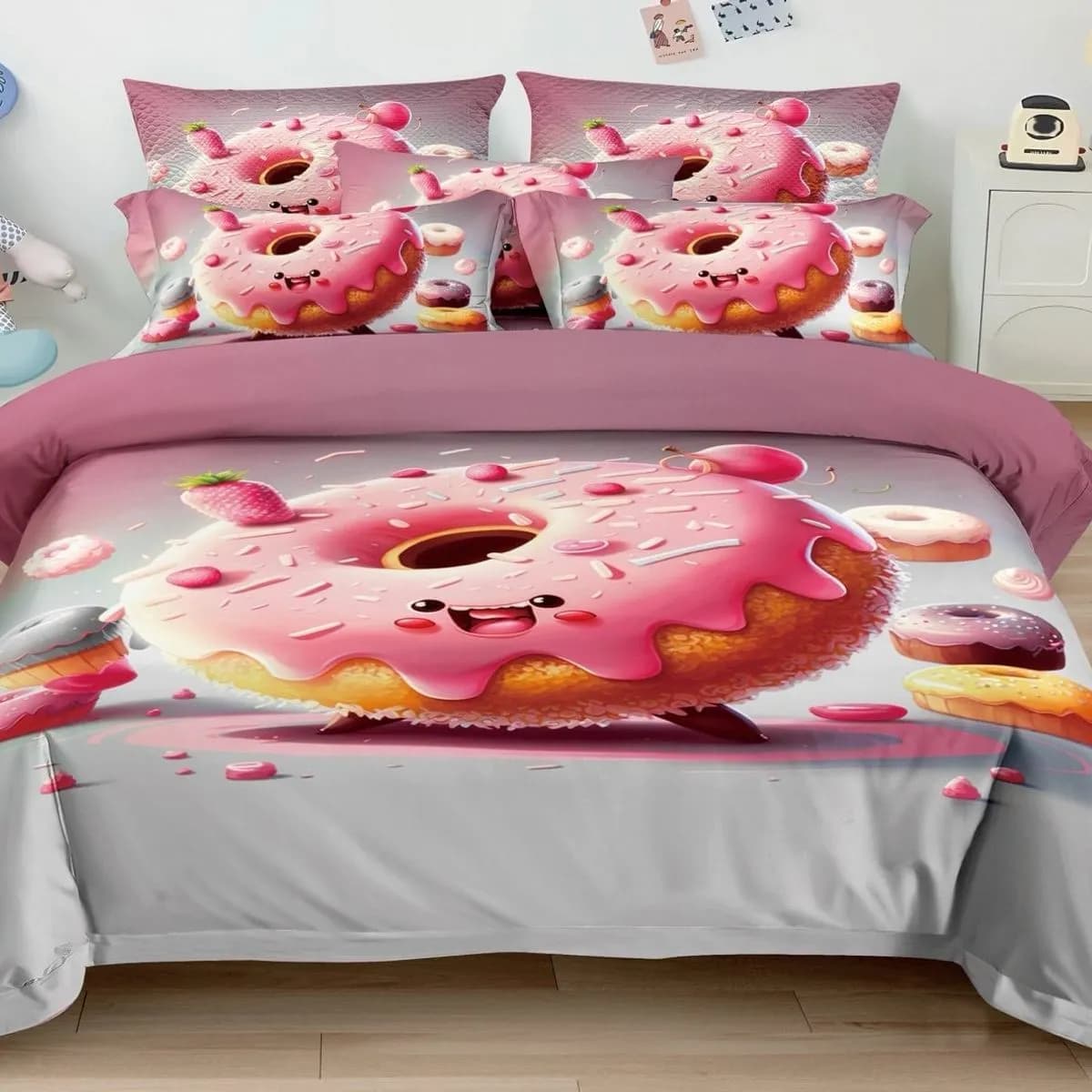 Pościel Bawełniana 3cz 160/200 Wzór Pączek Donut Różowa