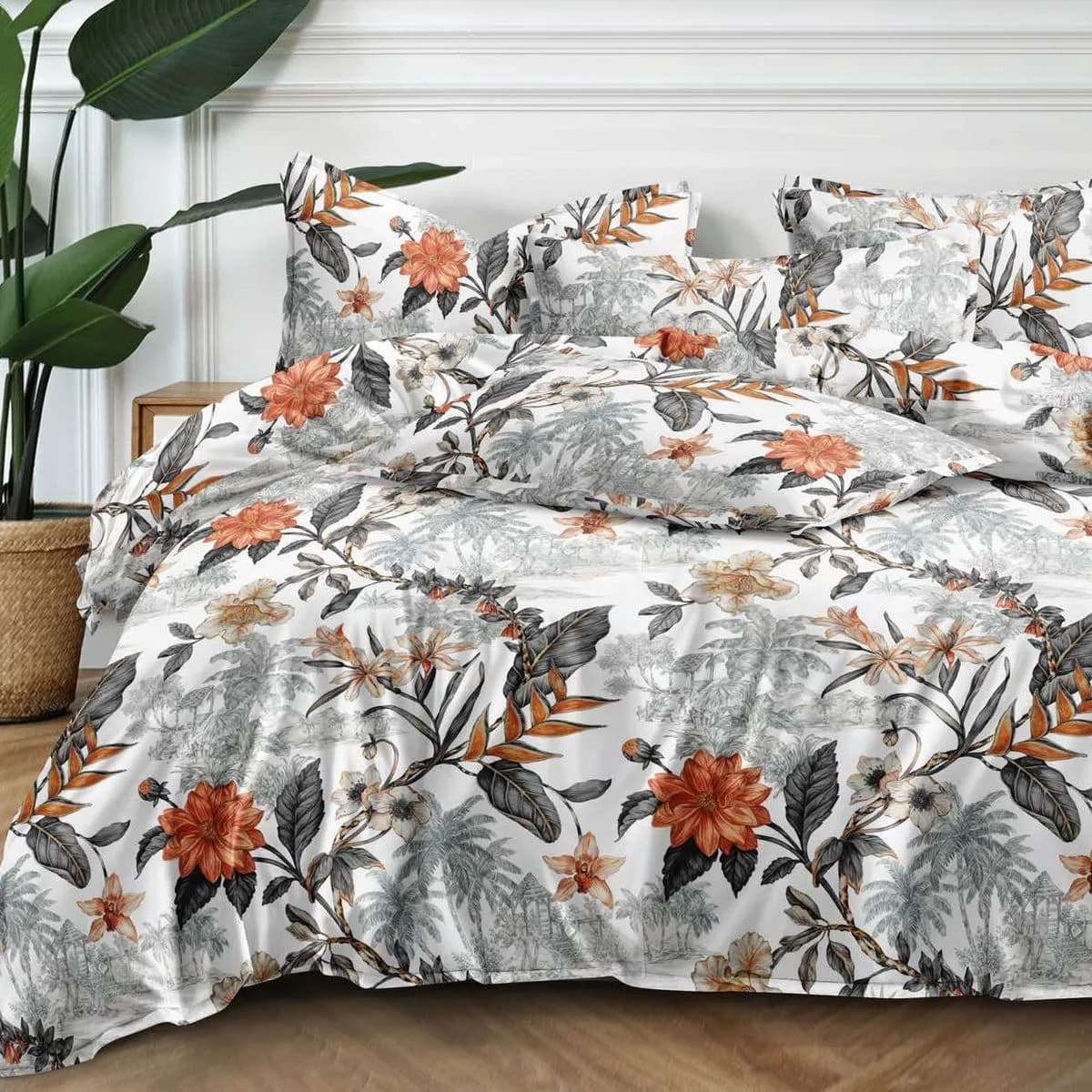 Pościel bawełna satyna 140x200cm 4cz wzór kwiatowy pomarańczowy