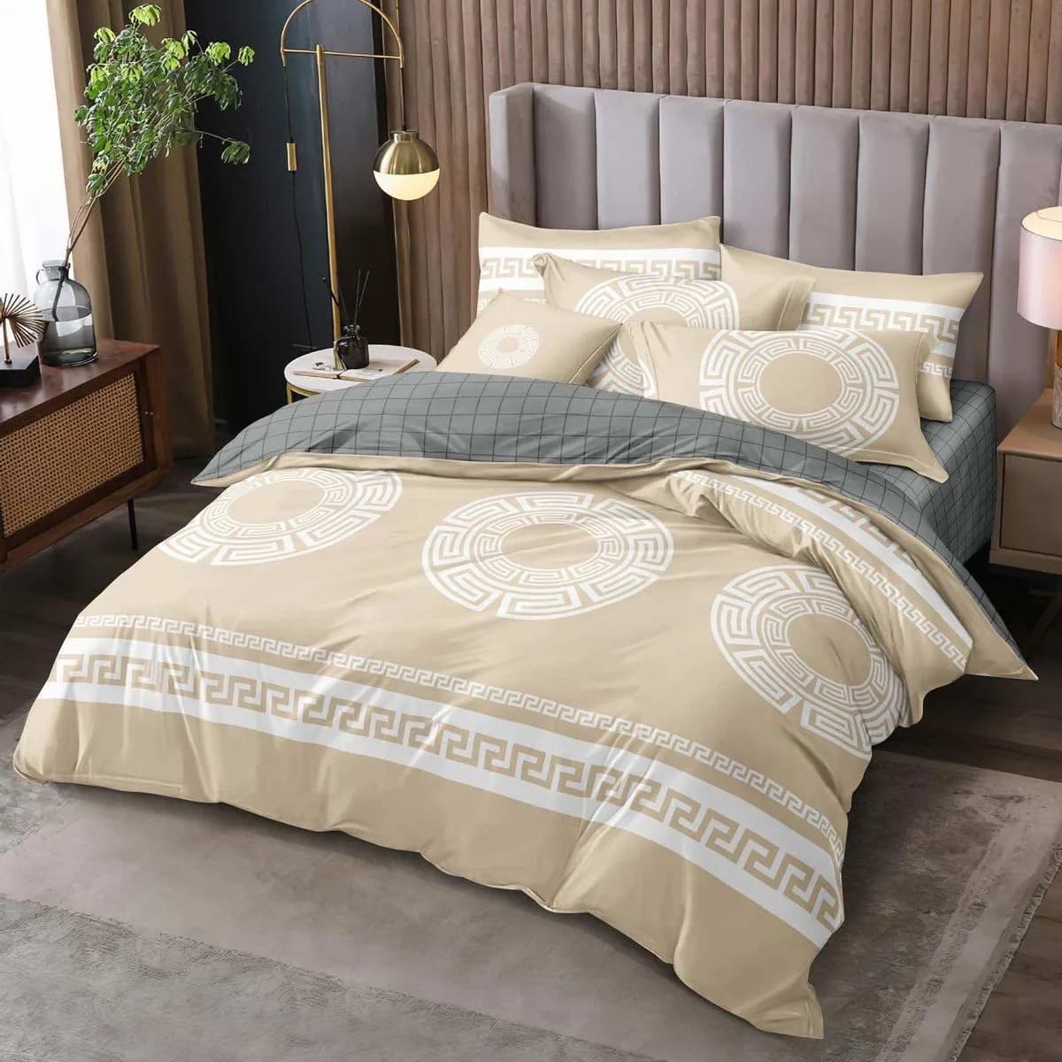 Pościel Bawełniana 3cz 160/200 Wzór Grecki Beżowo-Szary
